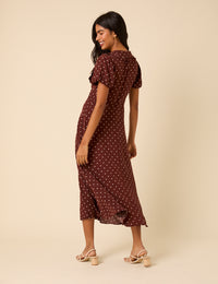 Brown Polka Dot Puff Sleeve Ottillie Midi Dress