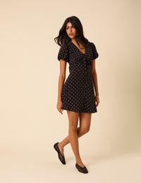 Black Polka Dot Puff Sleeve Mini Dress