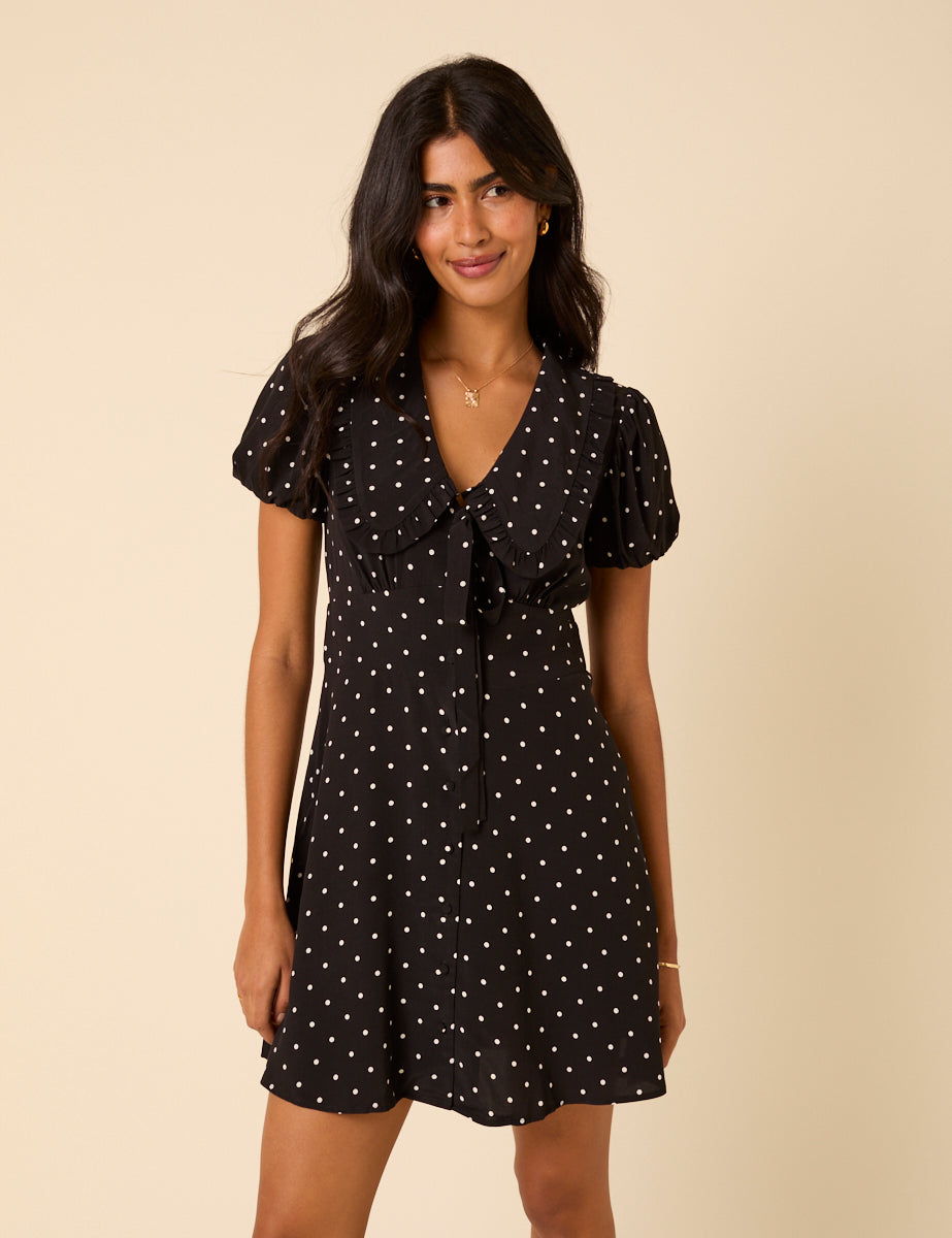 Black Polka Dot Puff Sleeve Mini Dress Black Polka Dot Puff Sleeve Mini Dress
