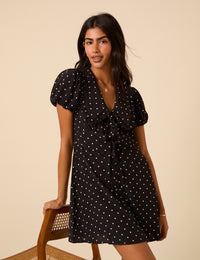 Black Polka Dot Puff Sleeve Mini Dress