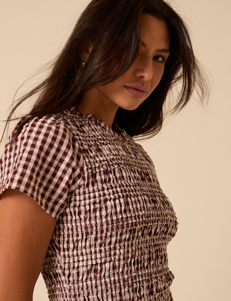 Brown Gingham Shirred Martha Mini Dress Brown Gingham Shirred Martha Mini Dress