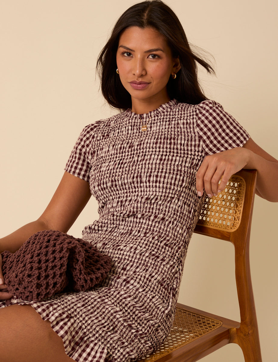 Brown Gingham Shirred Martha Mini Dress Brown Gingham Shirred Martha Mini Dress