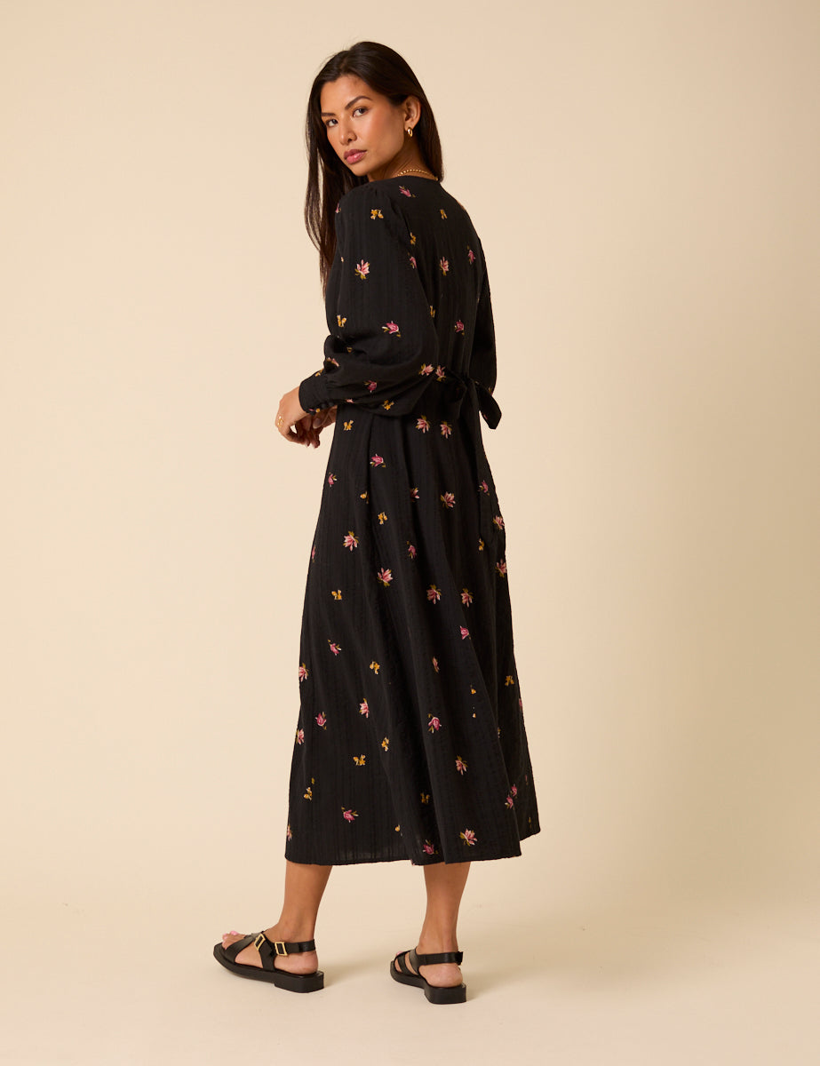 Black Floral Embroidered Shannon Midi Dress Black Floral Embroidered Shannon Midi Dress