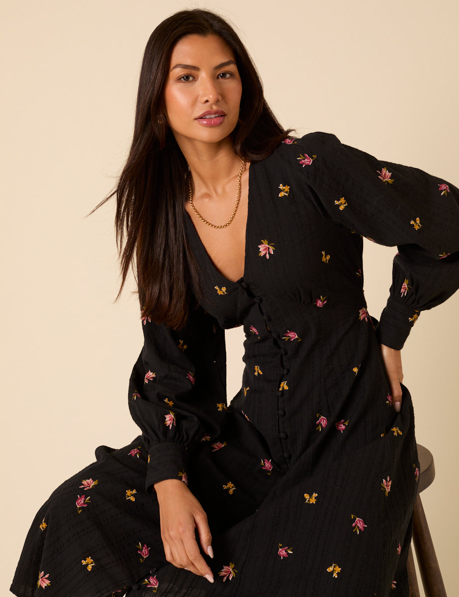 Black Floral Embroidered Shannon Midi Dress Black Floral Embroidered Shannon Midi Dress