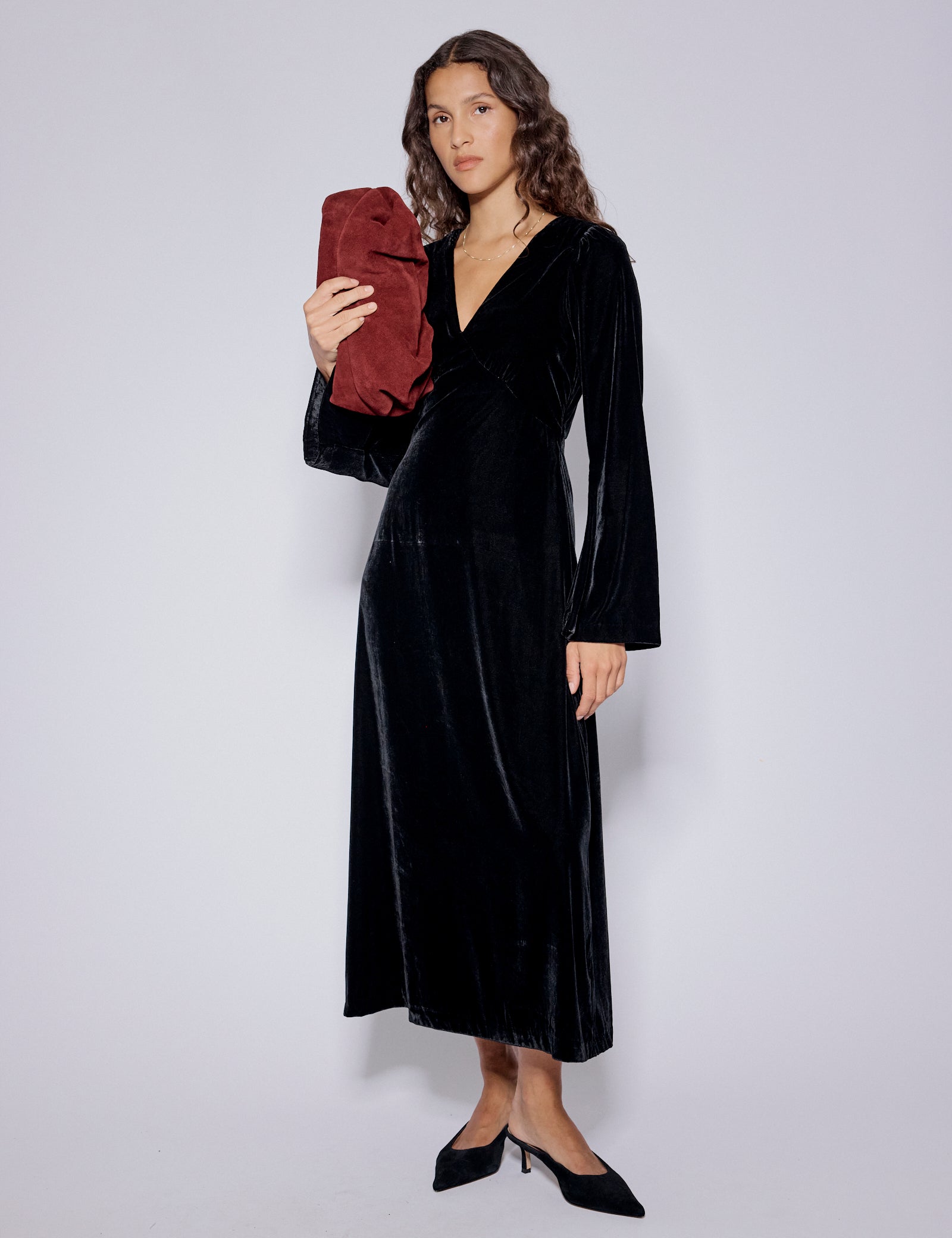 Black Velvet Long Sleeve Josie Midi Dress