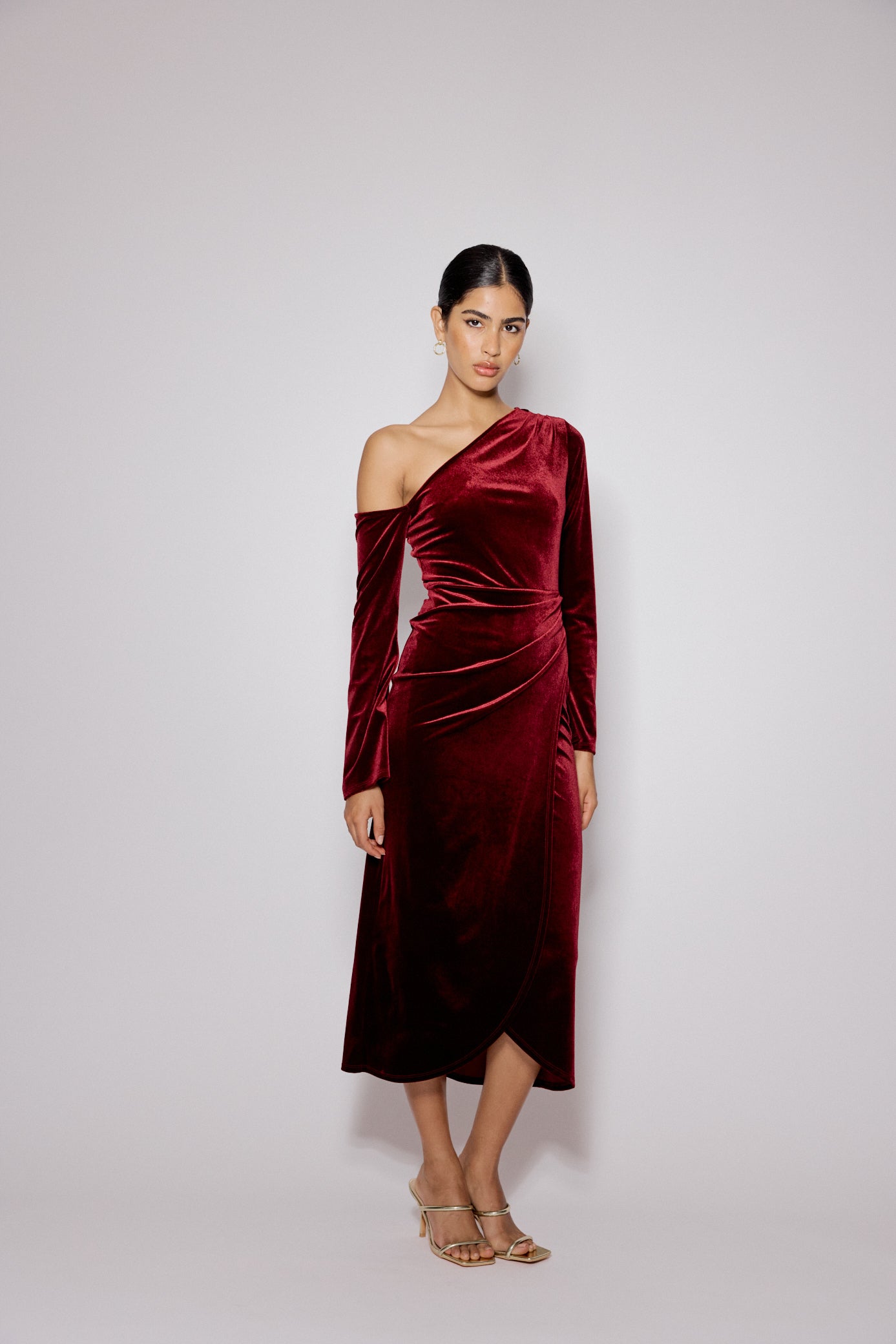 Red Velvet Asymmetric Virgo Midi Dress