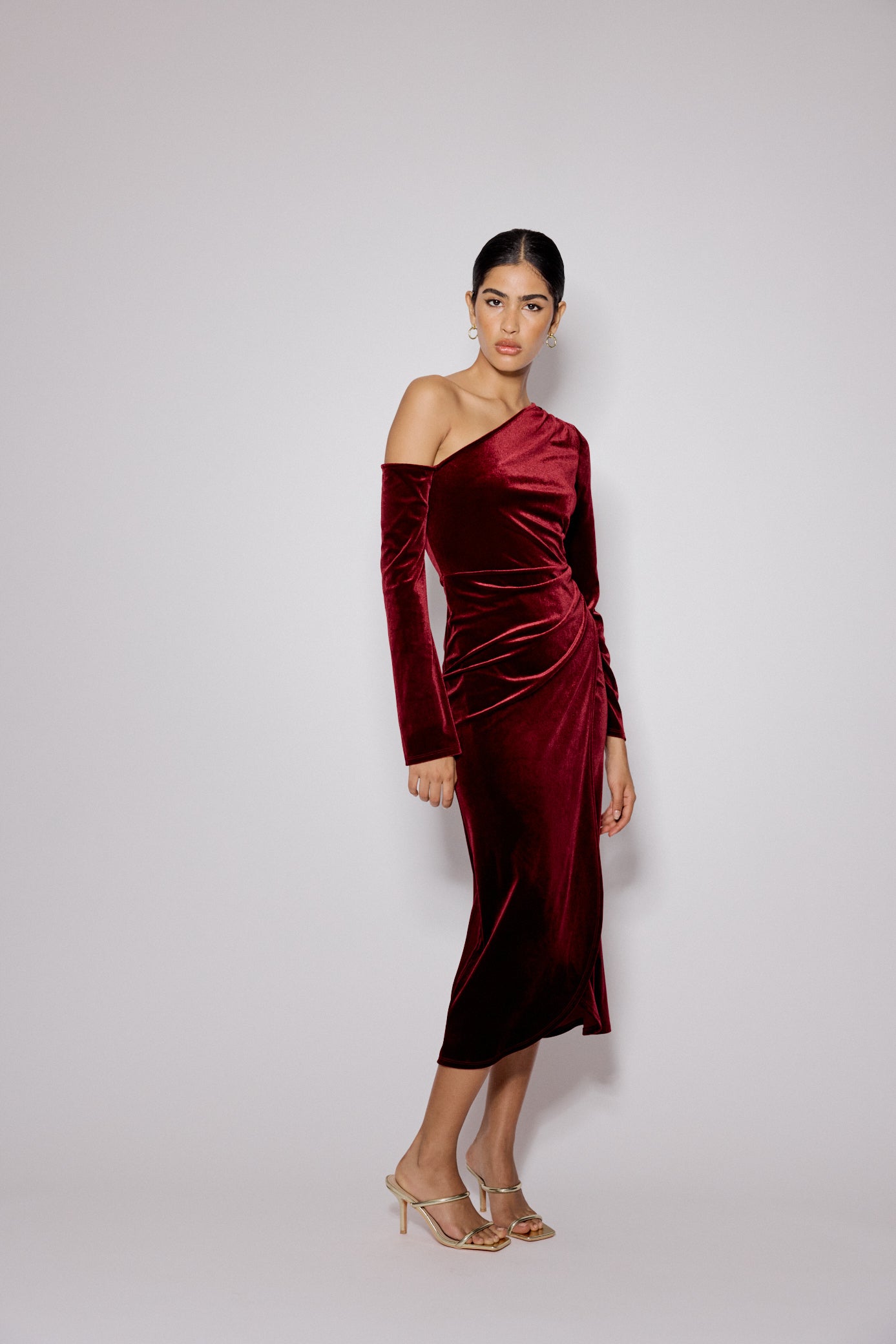 Red Velvet Asymmetric Virgo Midi Dress