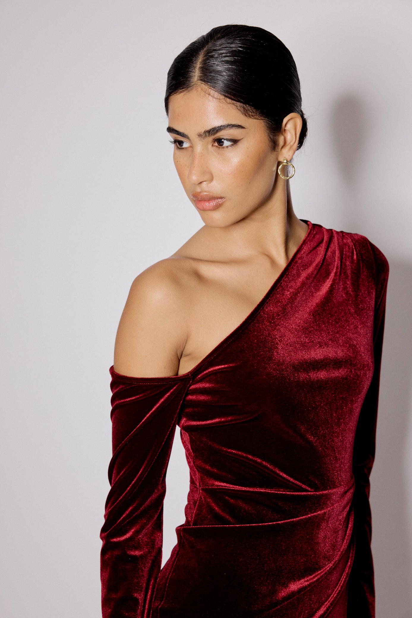 Red Velvet Asymmetric Virgo Midi Dress