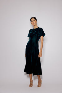 Dark Green Velvet A-Line Allegra Midi Dress