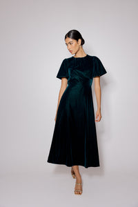 Dark Green Velvet A-Line Allegra Midi Dress