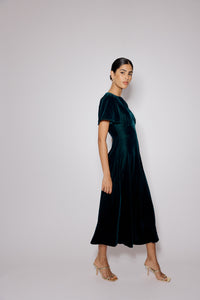 Dark Green Velvet A-Line Allegra Midi Dress