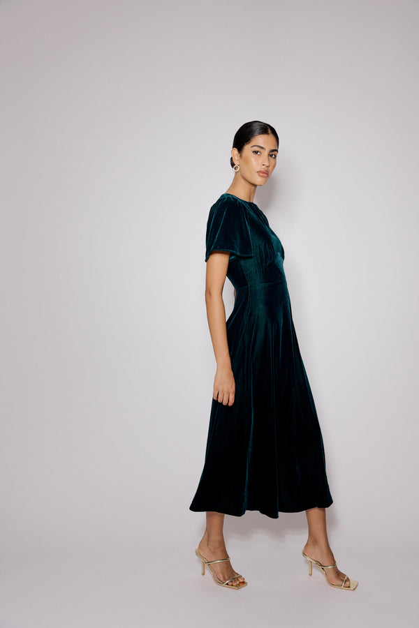 Dark Green Velvet A-Line Allegra Midi Dress
