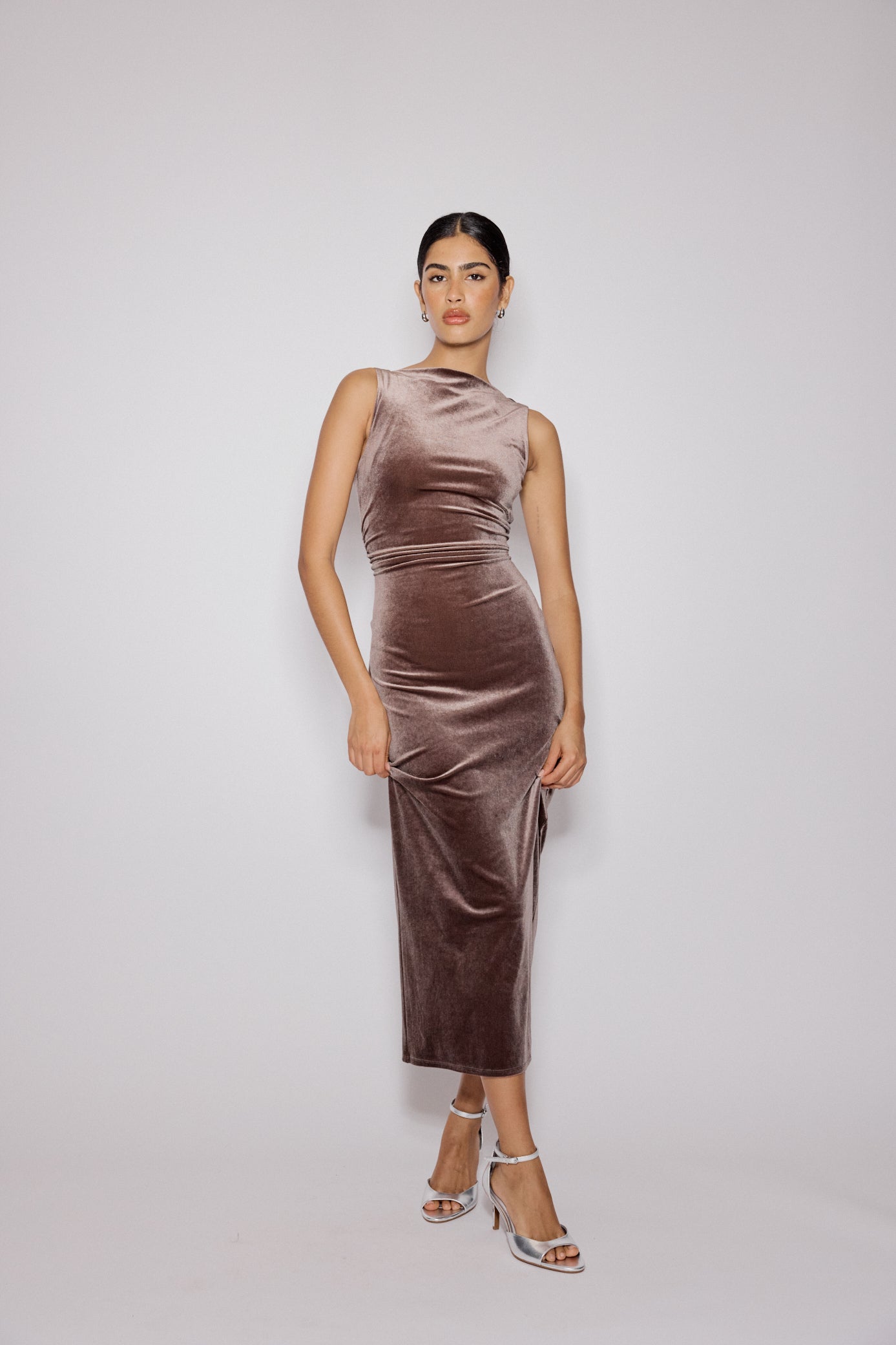 Brown Stretch Velvet Margot Midi Dress