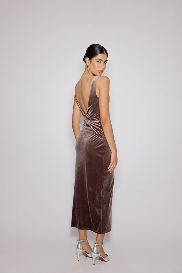 Brown Stretch Velvet Margot Midi Dress