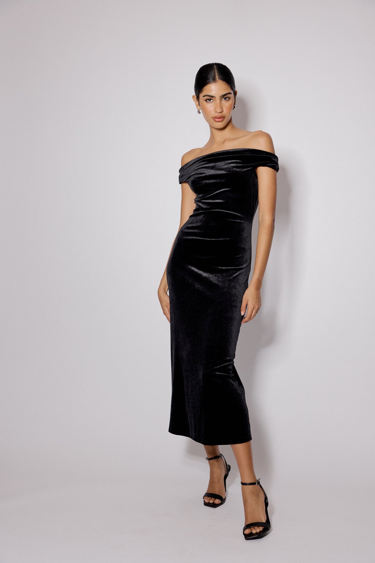 Black Gathered Velvet Pippa Midi Dress