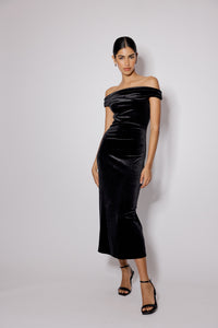Black Off Shoulder Stretch Velvet Pippa Maxi Dress