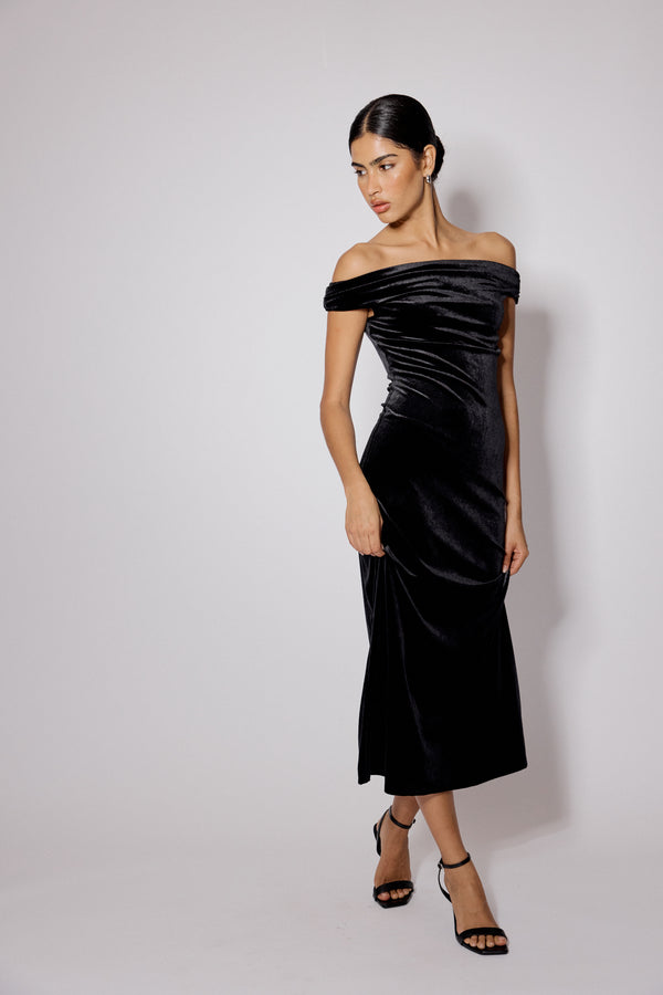 Black Gathered Velvet Pippa Midi Dress