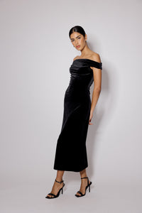 Black Gathered Velvet Pippa Midi Dress