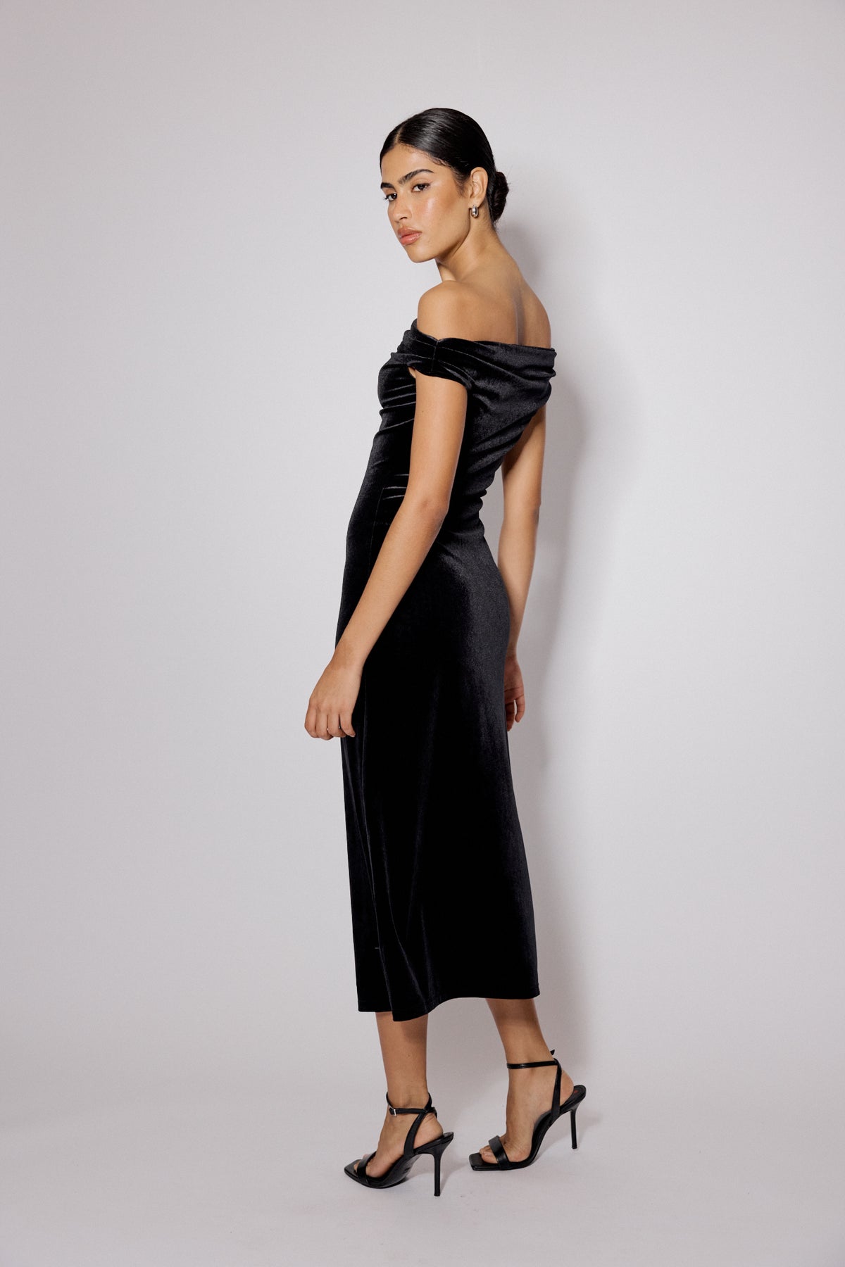 Black Gathered Velvet Pippa Midi Dress