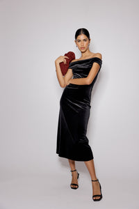 Black Off Shoulder Stretch Velvet Pippa Maxi Dress