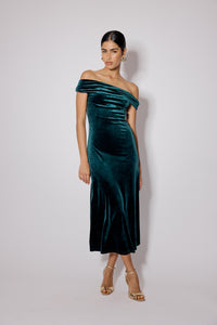 Green Off Shoulder Stretch Velvet Pippa Maxi Dress