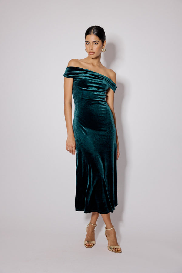 Green Off Shoulder Stretch Velvet Pippa Maxi Dress