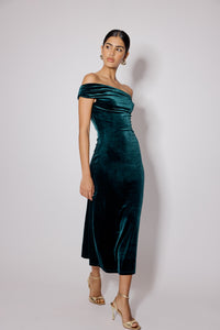 Green Off Shoulder Stretch Velvet Pippa Maxi Dress