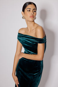 Green Off Shoulder Stretch Velvet Pippa Maxi Dress