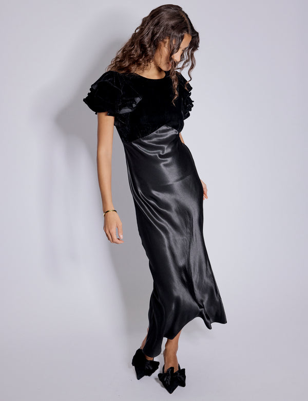 Black Velvet & Satin Mix Lola Midi Dress