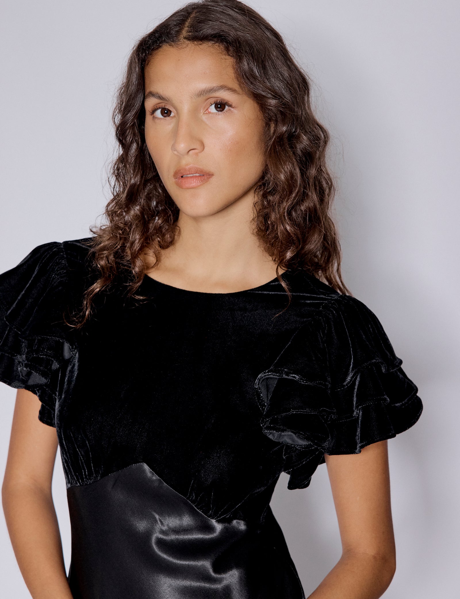 Black Velvet & Satin Mix Lola Midi Dress