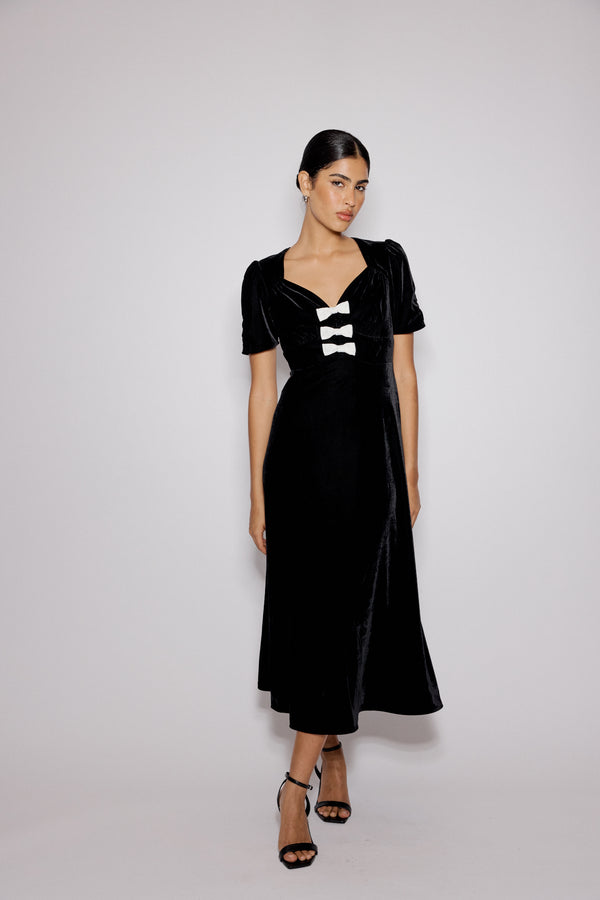 Black Bow Front Velvet Eleanor Midi Dress