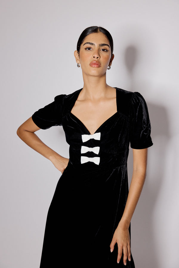 Black Bow Front Velvet Eleanor Midi Dress