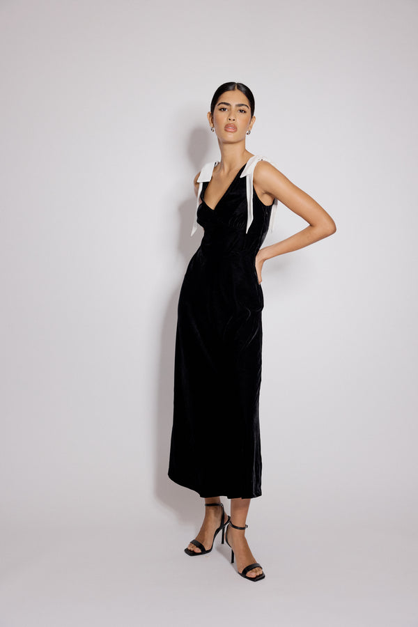 Black Velvet Bow Shoulder Lenka Midi Dress