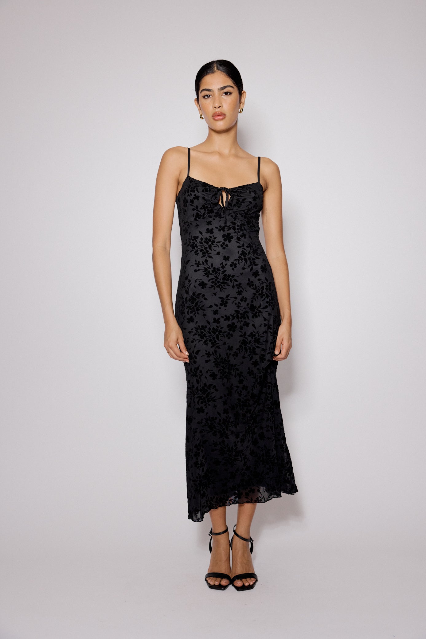 Black Floral Jacquard Velvet Stretch Mesh Midi Dress