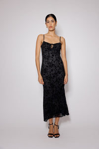 Black Floral Jacquard Velvet Stretch Mesh Midi Dress