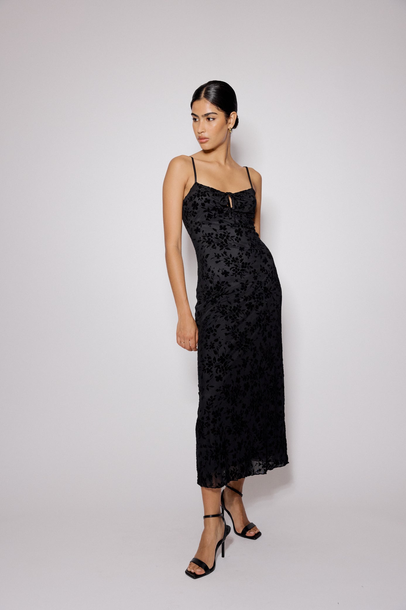 Black Floral Jacquard Velvet Stretch Mesh Midi Dress