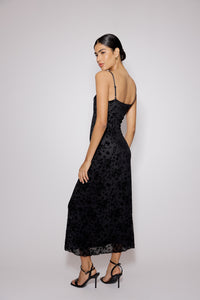 Black Floral Jacquard Velvet Stretch Mesh Midi Dress