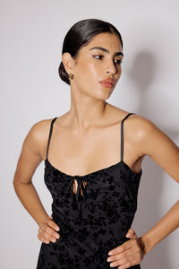 Black Floral Jacquard Velvet Stretch Mesh Midi Dress