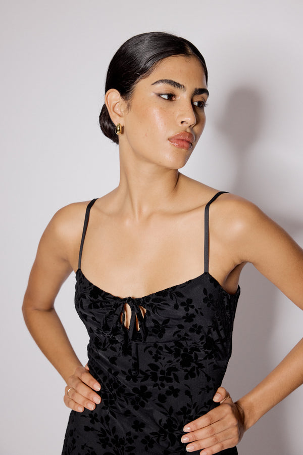 Black Floral Jacquard Velvet Stretch Mesh Midi Dress