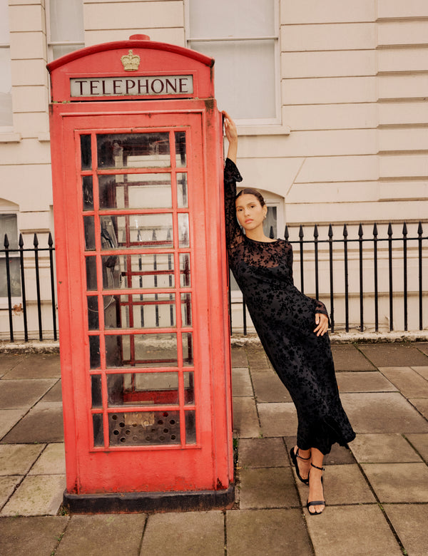 Black Floral Jaquard Velvet Stretch Mesh Midi Dress