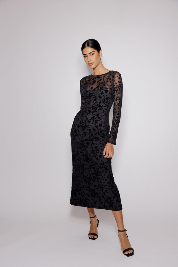 Black Floral Jaquard Velvet Stretch Mesh Midi Dress