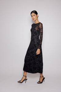 Black Floral Jaquard Velvet Stretch Mesh Midi Dress
