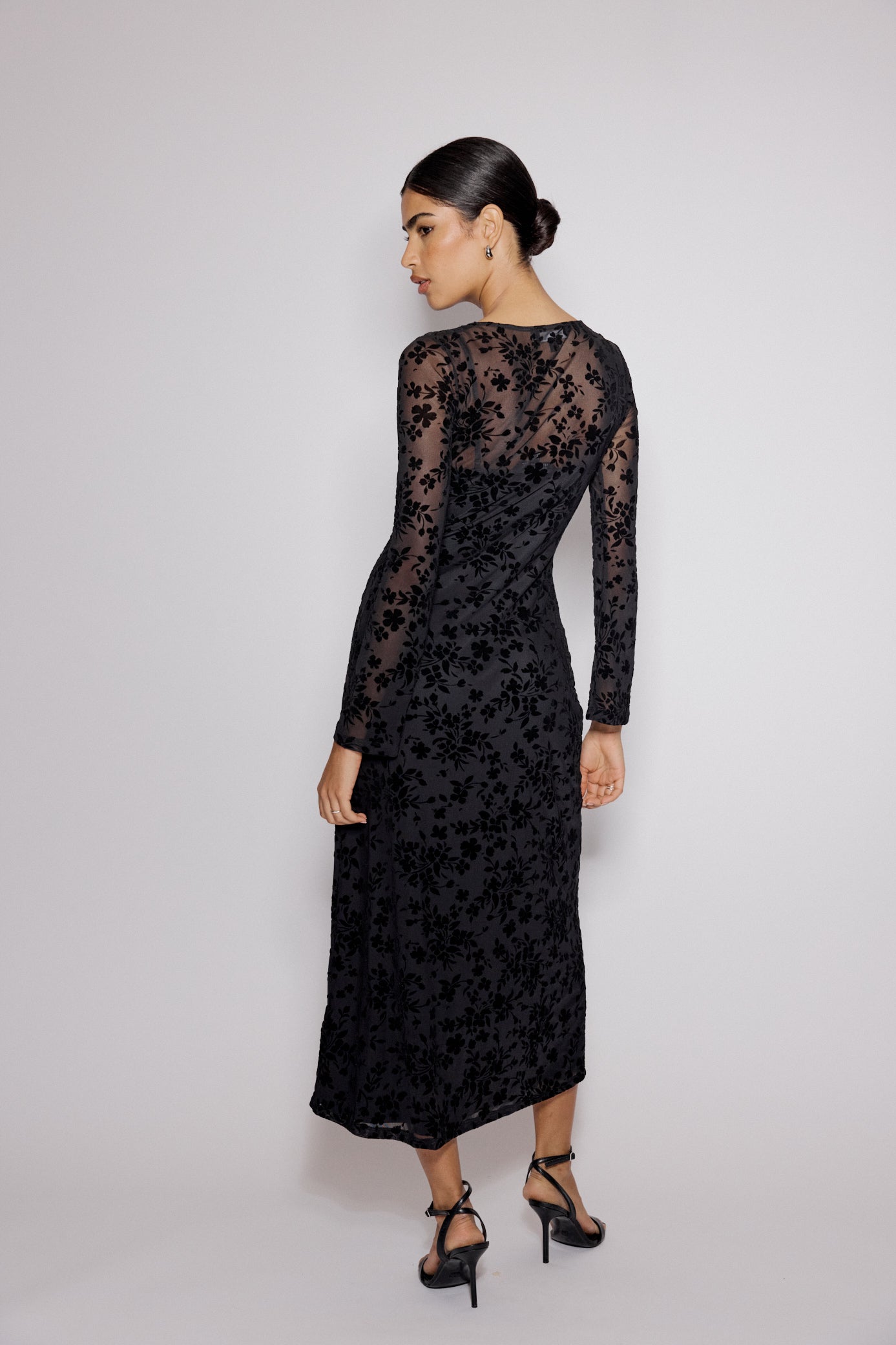 Black Floral Jaquard Velvet Stretch Mesh Midi Dress