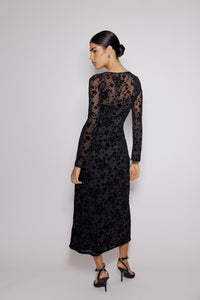 Black Floral Jaquard Velvet Stretch Mesh Midi Dress