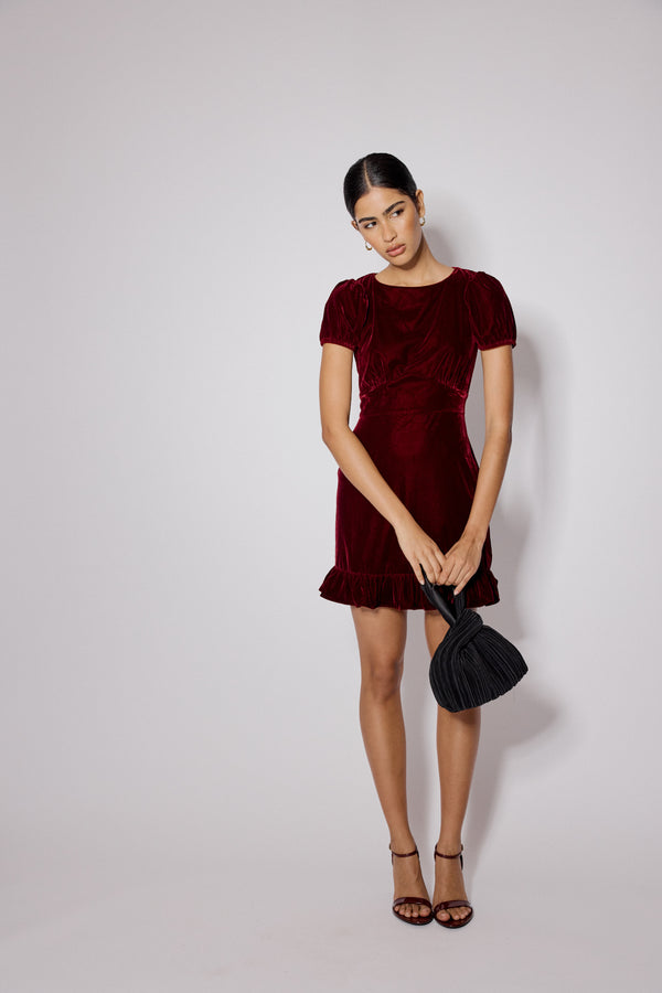 Burgundy Velvet Frill Hem Cosmo Mini Dress