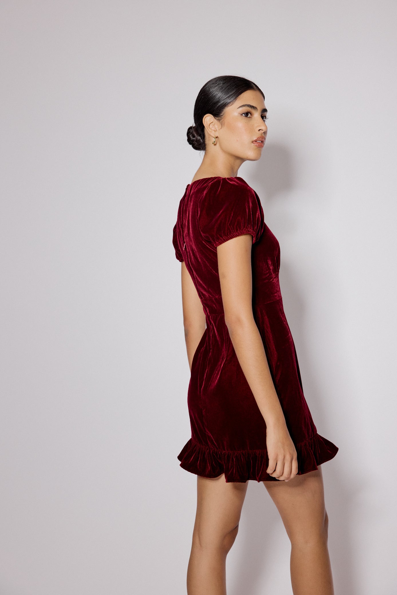 Burgundy Velvet Frill Hem Cosmo Mini Dress
