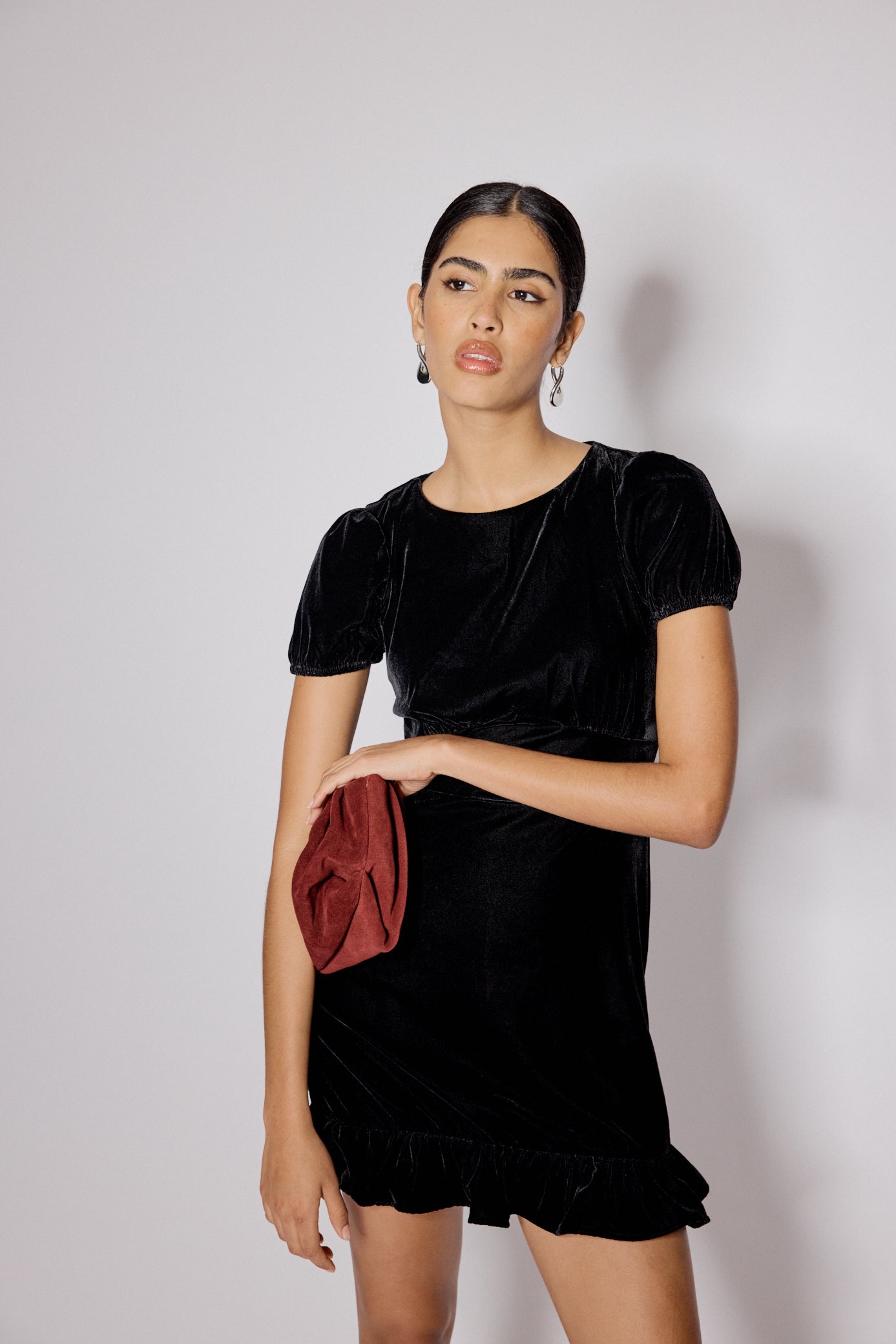 black velvet mini dress short sleeve Shirley | Black Velvet Sweetheart Puff-Sleeve Mini Dress