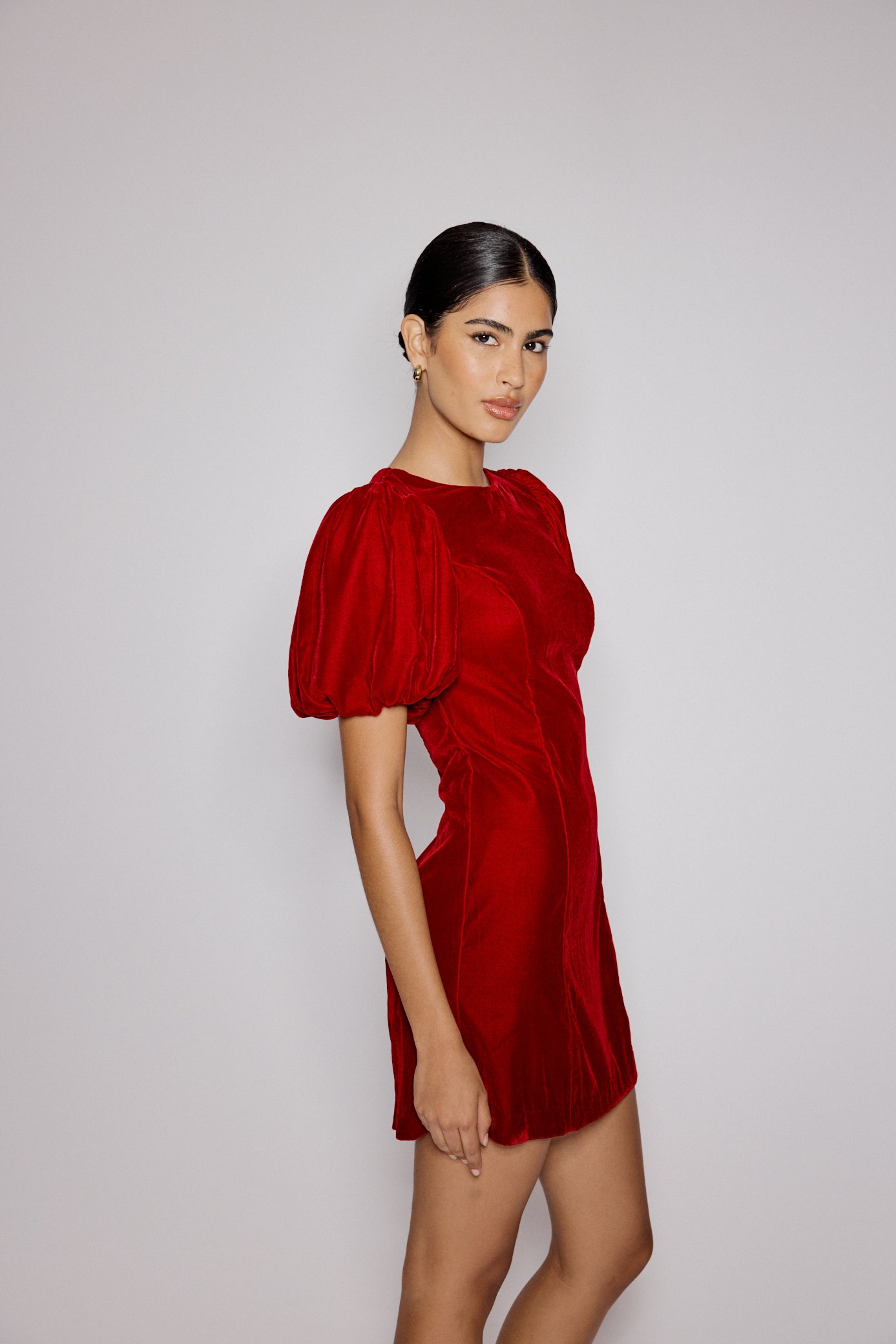 Red Velvet Puff Sleeve Boston Mini Shift Dress