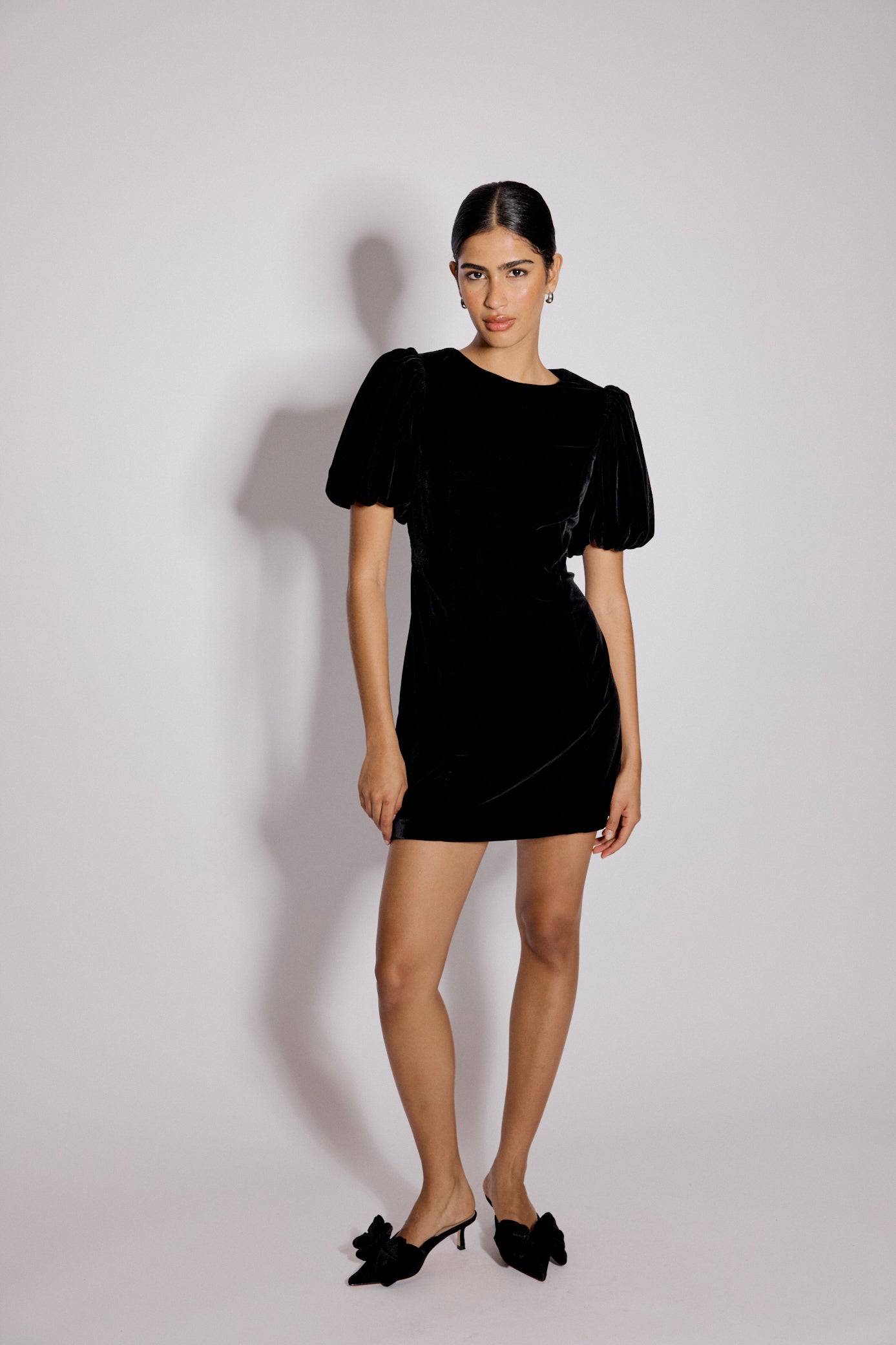 Black Velvet Puff Sleeve Boston Mini Shift Dress