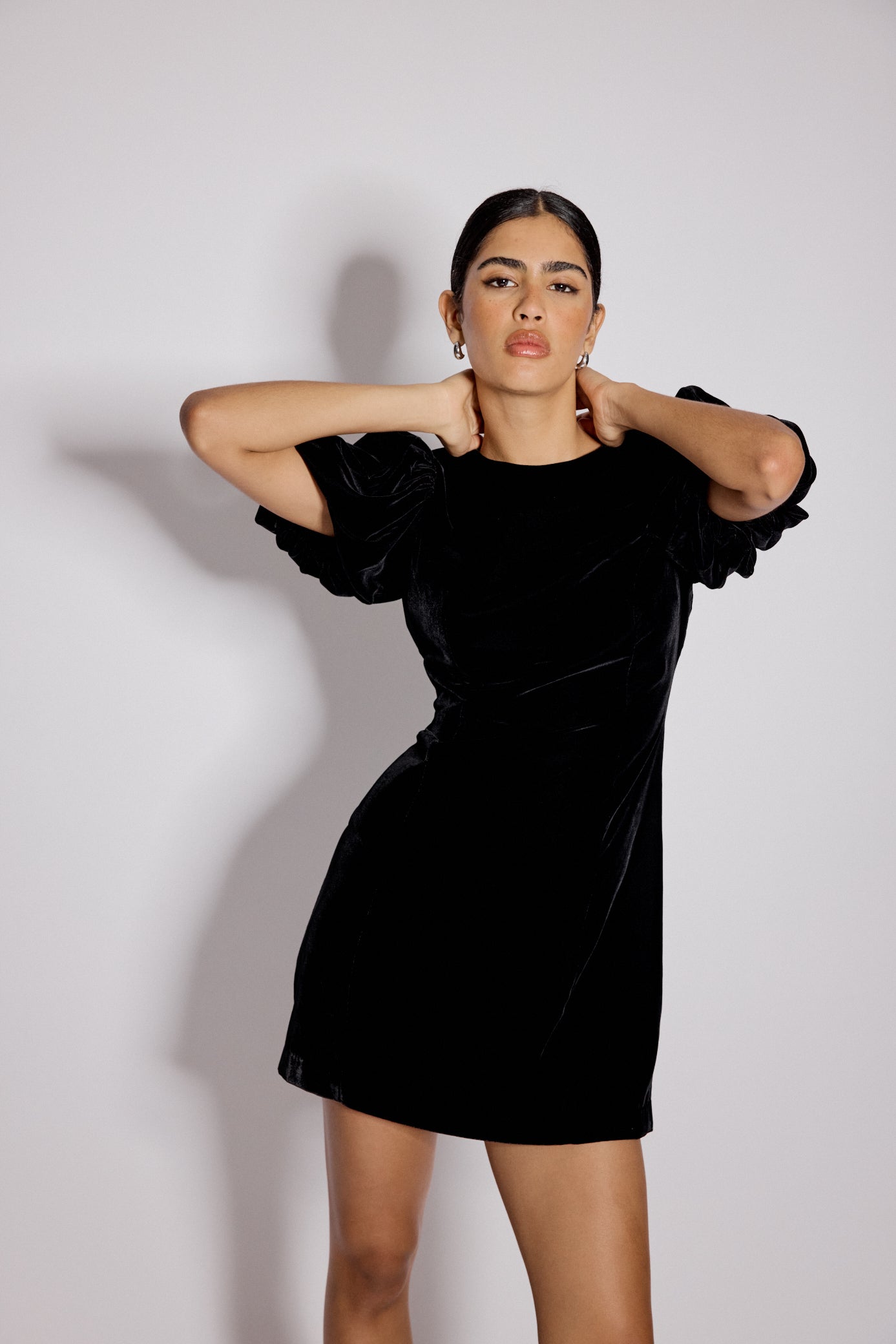 Black Velvet Puff Sleeve Boston Mini Shift Dress